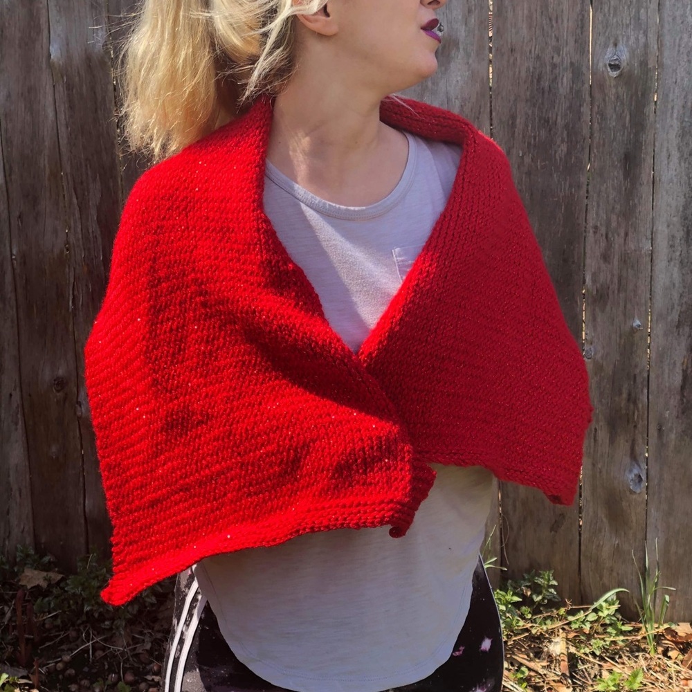 Red and sparkly hand-knitted prom/formal wrap/shawl